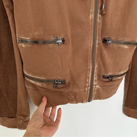 Free People Distressed Knit Full Zip Hoodie Moto Style Brown Size Small Women’s - Picture 6 of 11